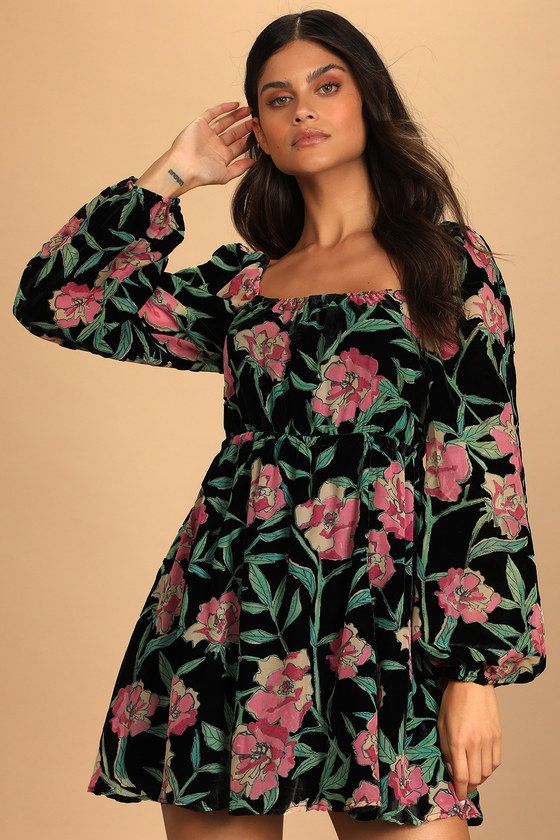 Blissful Garden Black Floral Print Burnout Velvet Babydoll Dress | Lulus (US)