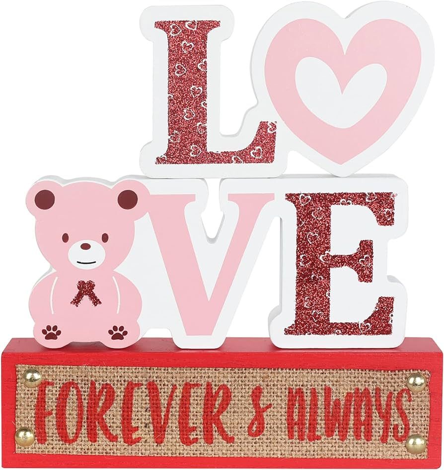 DEWBIN Valentines Day Decorations, Pink Bear Wood Block Valentines Day Decor, Love Forever & Alwa... | Amazon (US)