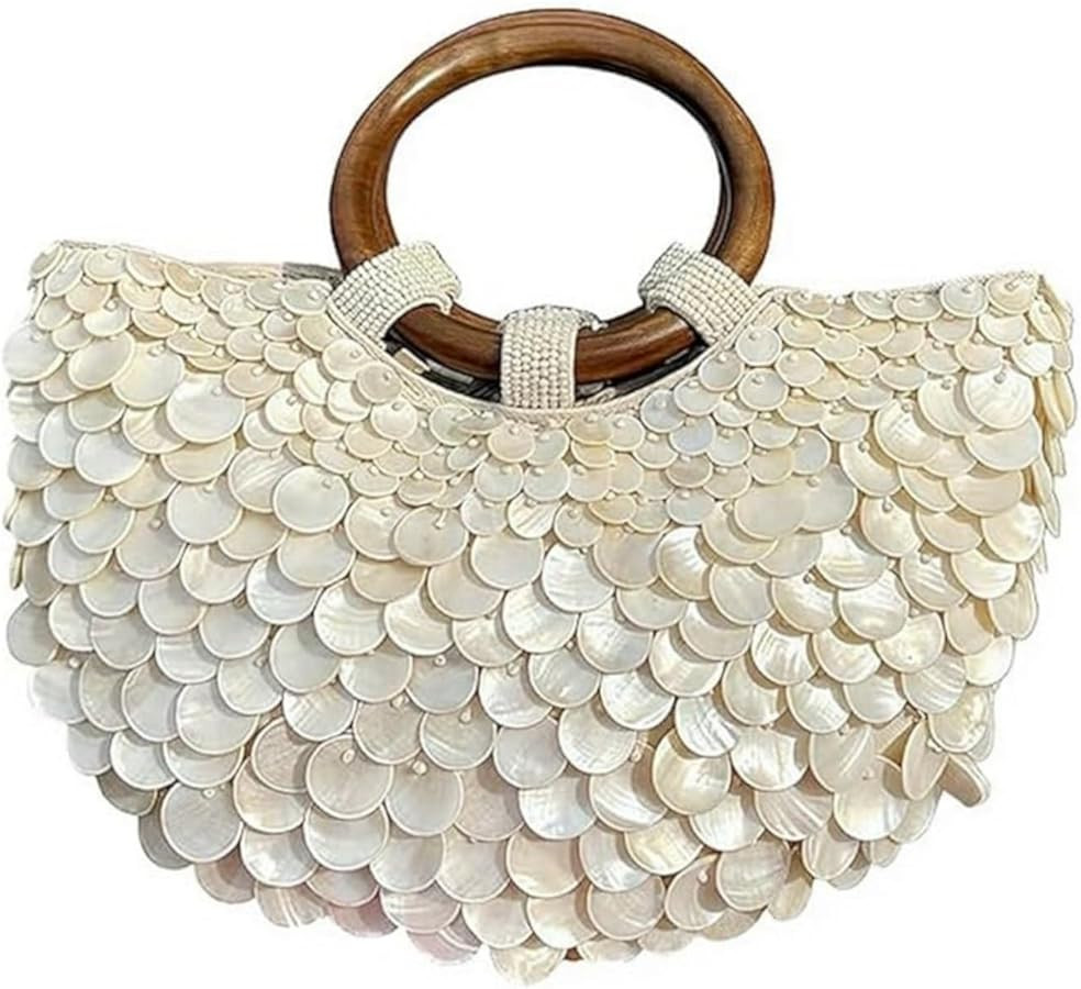 Pearl Clutch Bag Summer Tote Beaded Shell Purse For Women, Sequin Top Handle Handmade Evening Han... | Amazon (UK)