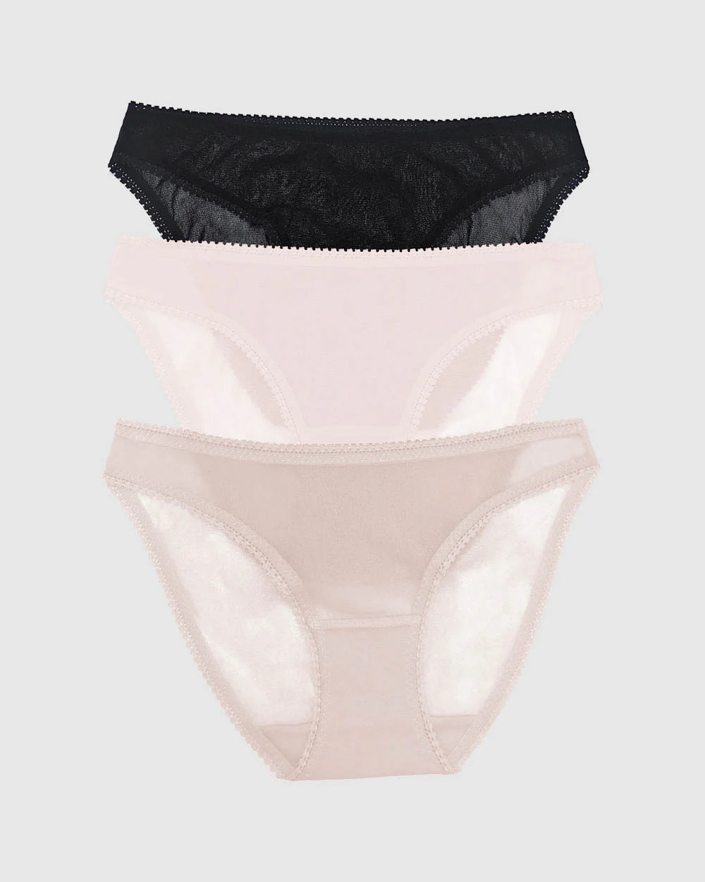 Gossamer Mesh Hip Bikini Underwear 3 Pack - Black Mauve Chalk Champagn | On Gossamer