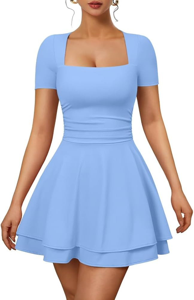 XXTAXN Women's Sexy Square Neck Short Sleeve Ruched Tiered Ruffle Hem Flowy Club Party Mini Dress | Amazon (US)