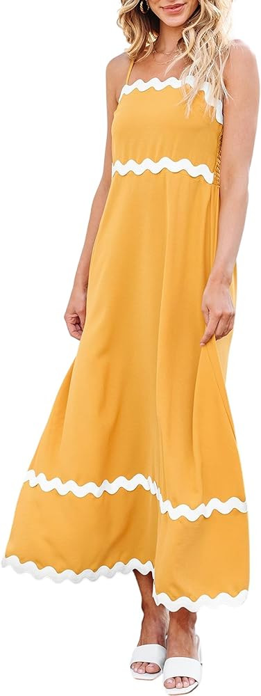 ECOWISH Women Summer Dresses 2024 Spaghetti Strap Rickrack Sleeveless Long Casual Backless Beach ... | Amazon (US)