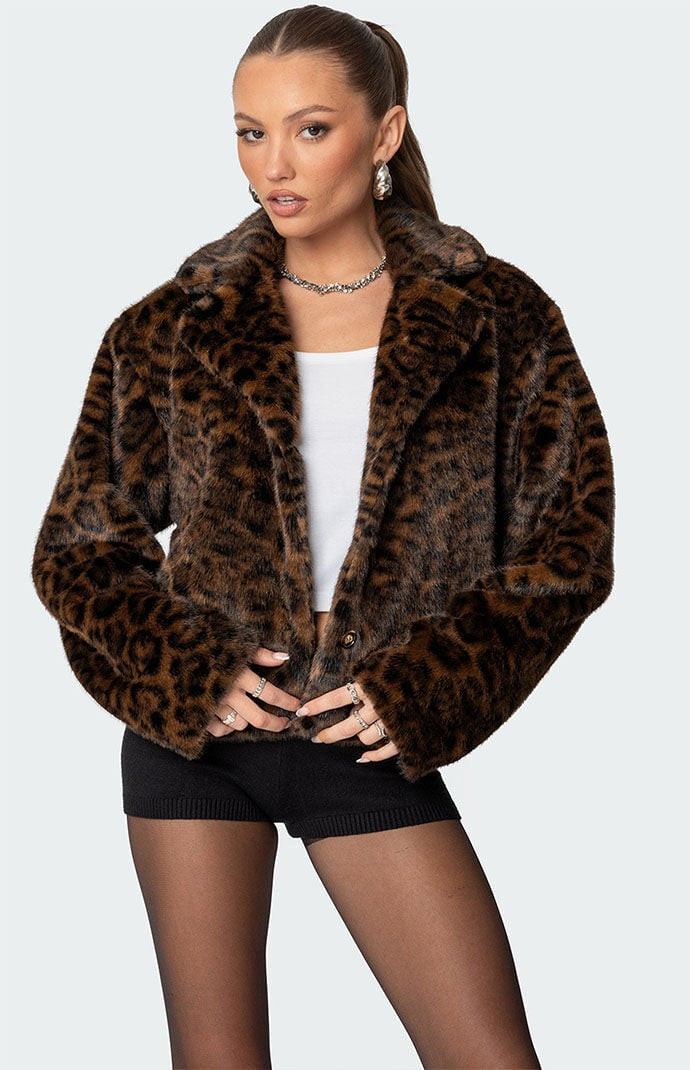Edikted Women's Lady Leopard Faux Fur Jacket in Brown - Size Medium | PacSun
