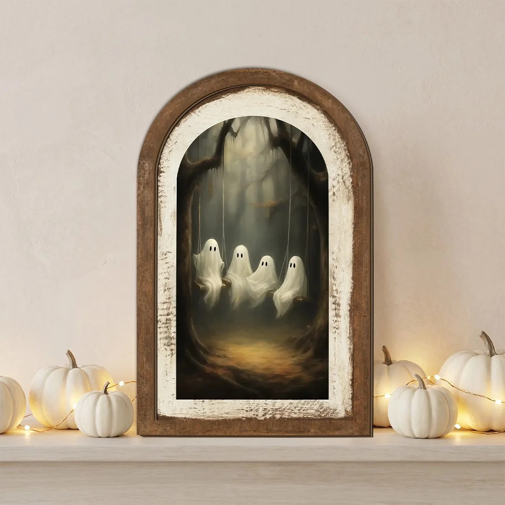 Halloween Ghost Series Wooden Double Layer Decor Sign, Vintage Spooky Framed Wood Art with Black Cat Patterns, Tabletop Shelf Wall Decoration for Halloween Home Decor | Walmart (US)