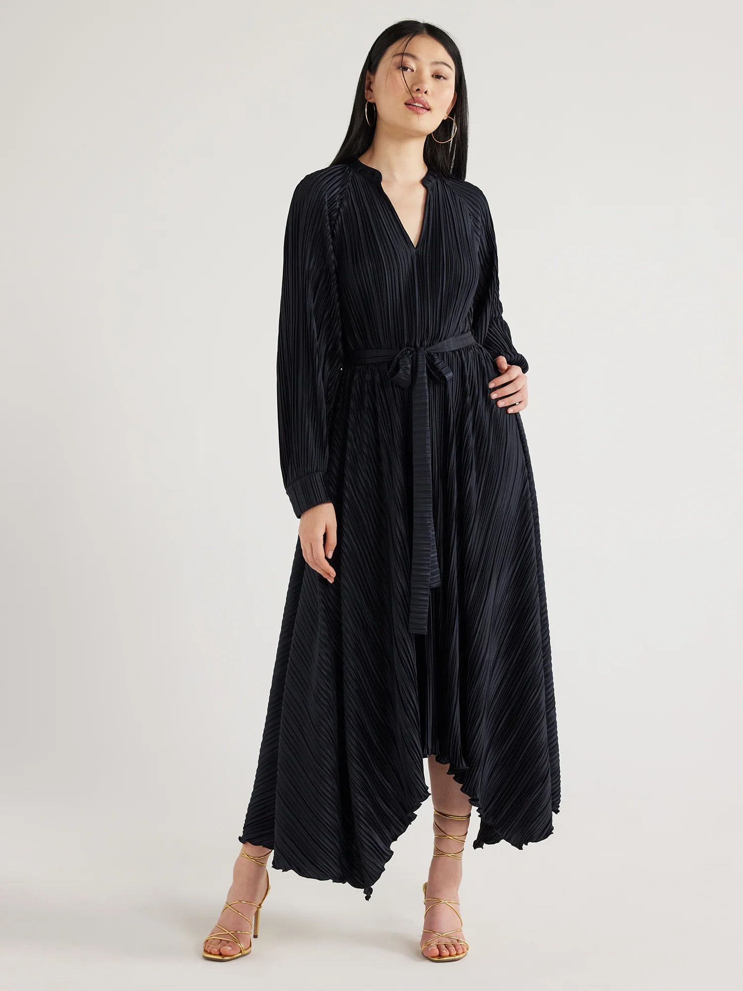 Scoop Women’s Pleated Handkerchief Hem Dress with Long Sleeves, Sizes XS-XXL - Walmart.com | Walmart (US)