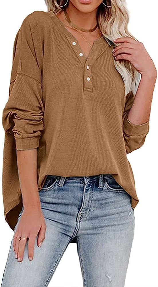 Dressmine Women's V Neck Henley Shirts Long Sleeve Casual Loose Tunic Tops Pullover Sweatshirt... | Amazon (US)
