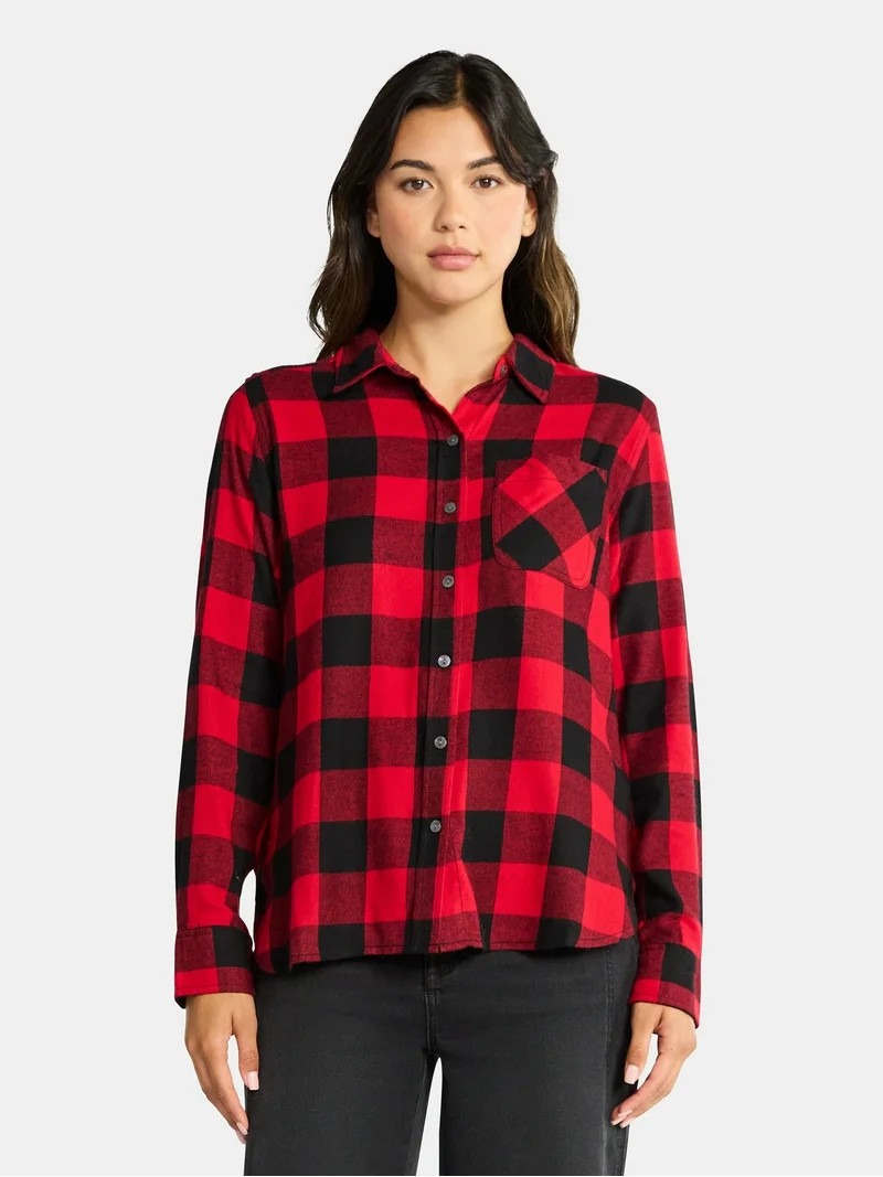Time and Tru Women's Flannel Shirt with Long Sleeves, Sizes XS-XXXL | Walmart (US)