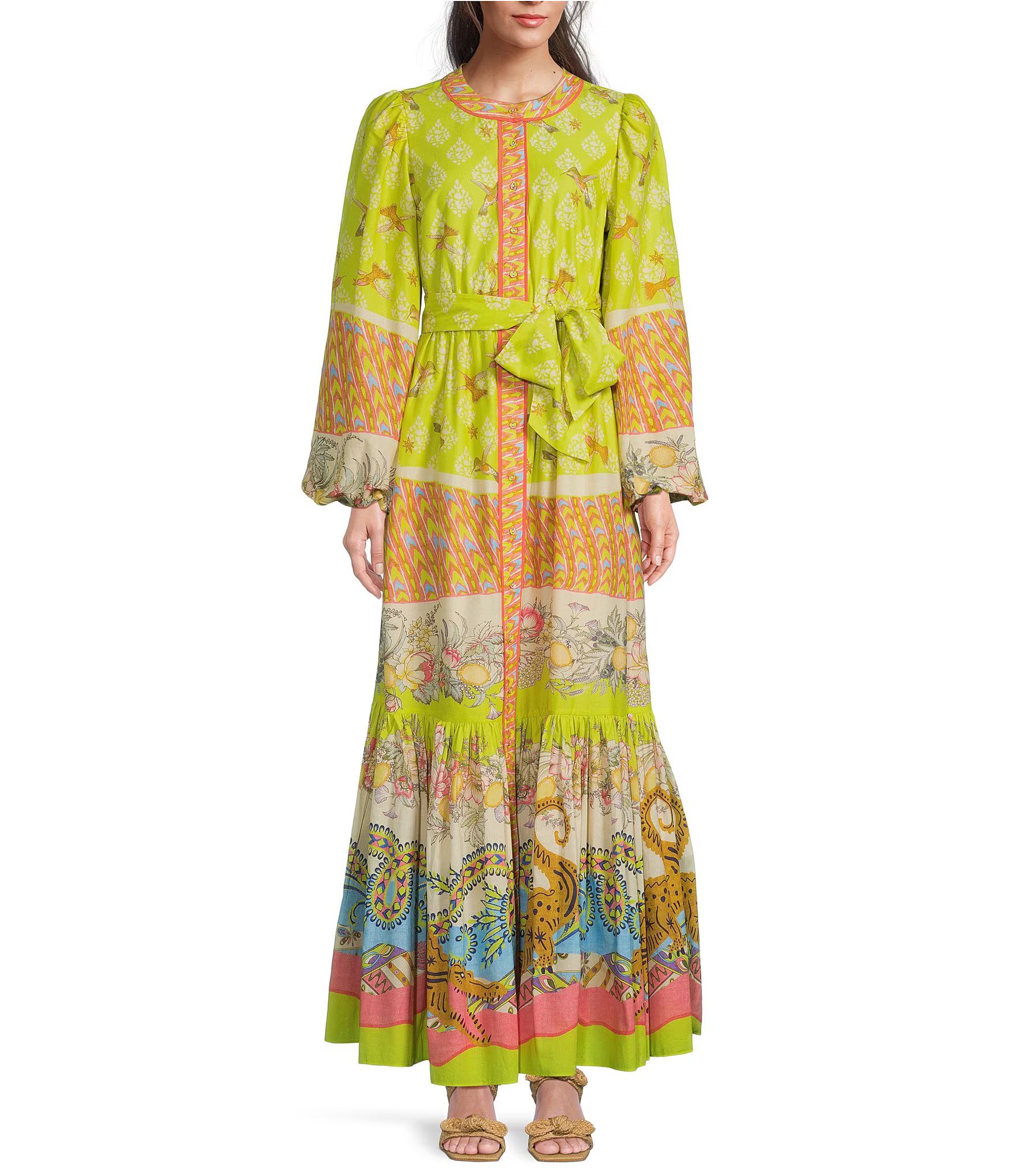 Long Balloon Sleeve Mandarin Collar Button Front Self Tie A-Line Printed Maxi Dress | Dillard's