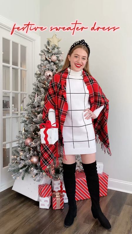 Holiday outfit. Sweater dress. Holiday party outfit. Classy holiday outfit. Plaid dress. Plaid wrap. JCrew factory. Knee high boots. Headband. Red lipstick  

#LTKsalealert #LTKunder50 #LTKHoliday