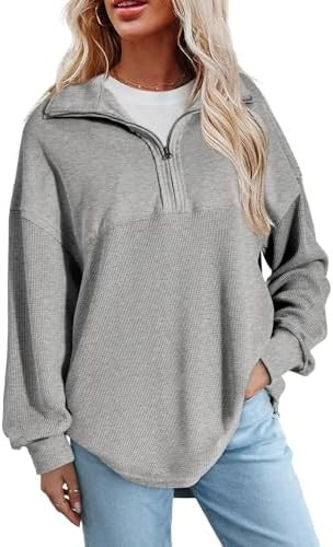 SHEWIN Womens Fall Sweatshirt Casual Waffle Knit Half Zip Pullover Loose Long Sleeve Tops | Amazon (US)