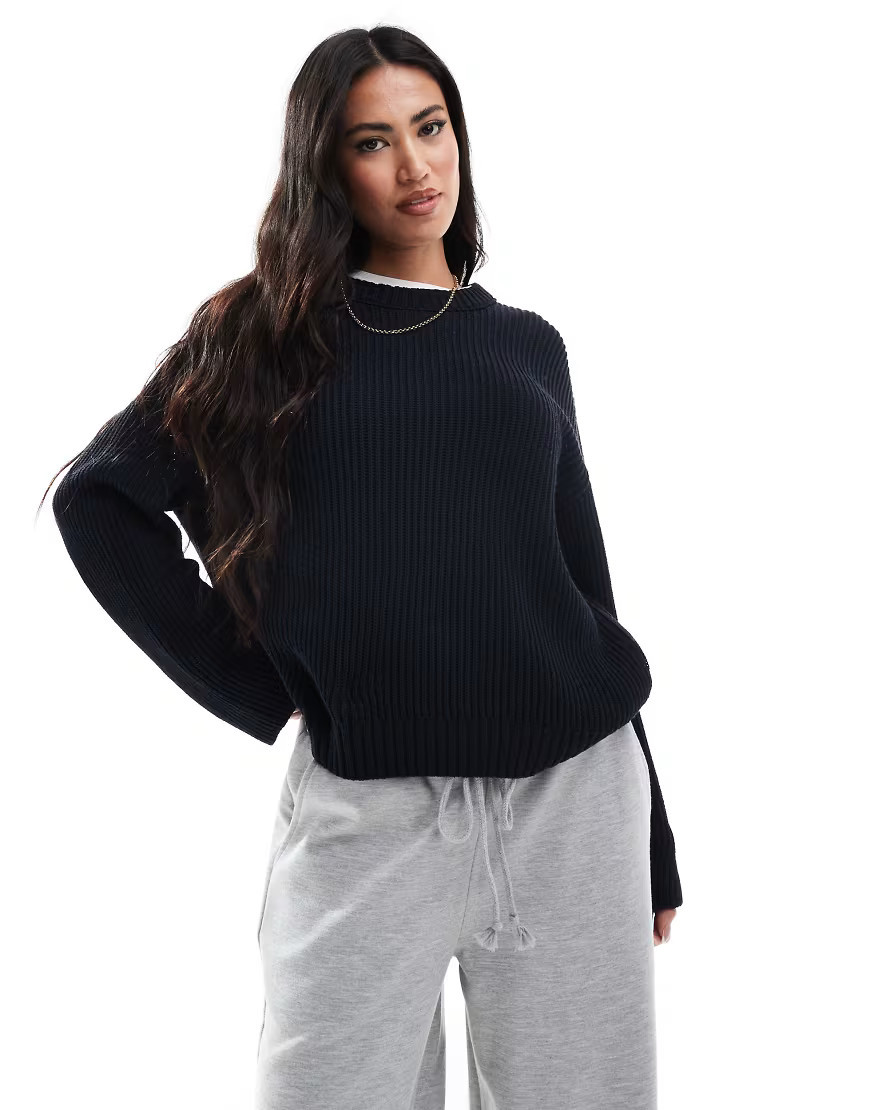ASOS DESIGN fisherman knit sweater in navy | ASOS (Global)