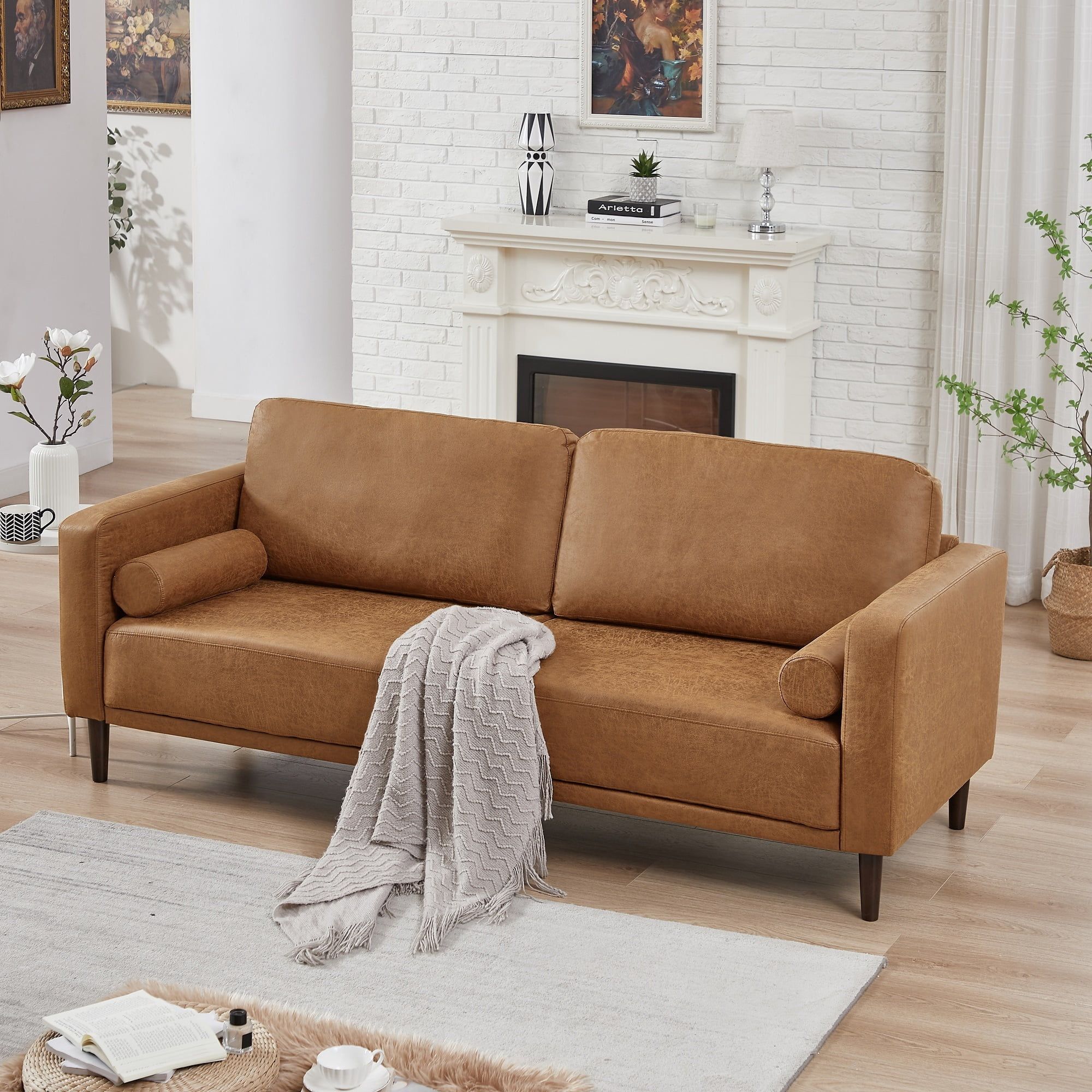 Homfa 3 Seat Sofa, 78.9'' Modern Large Upholstered PU Couch with Square Arm, Camel | Walmart (US)