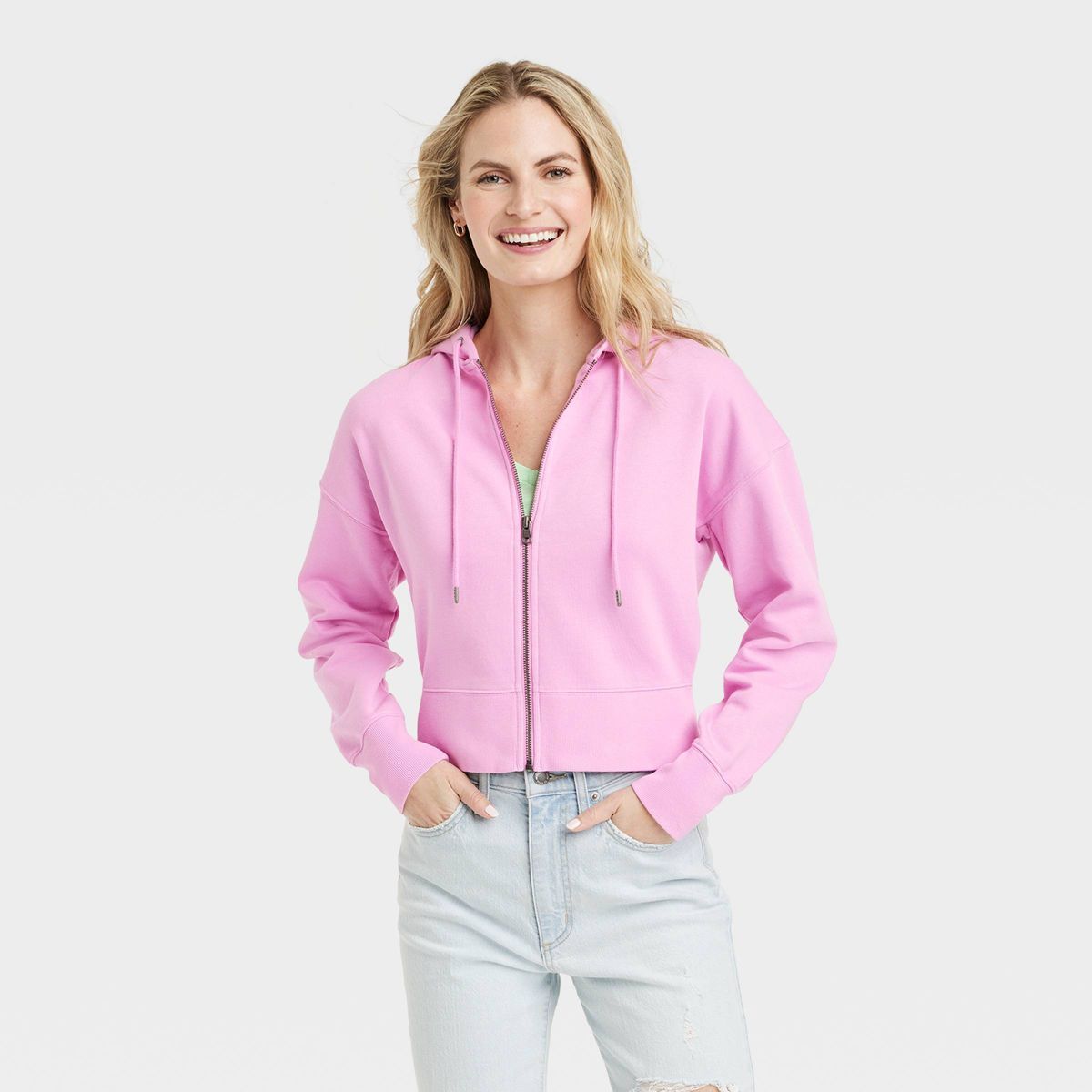 Women's Cropped Hooded Full Zip-Up Sweatshirt - Universal Thread™ Pink | Target