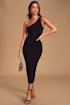 Total Appeal Black Ruched One-Shoulder Bodycon Midi Dress | Lulus (US)