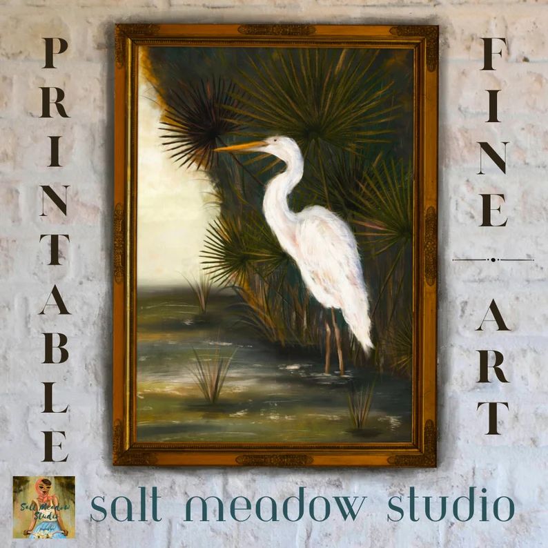 In the Marsh Coastal Wildlife Art of an Egret on the Shore of the Salt Marsh. Marshlands Bird Art... | Etsy (US)