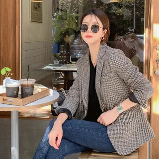 Single-Breasted Wool Blend Houndstooth Blazer | YesStyle Global