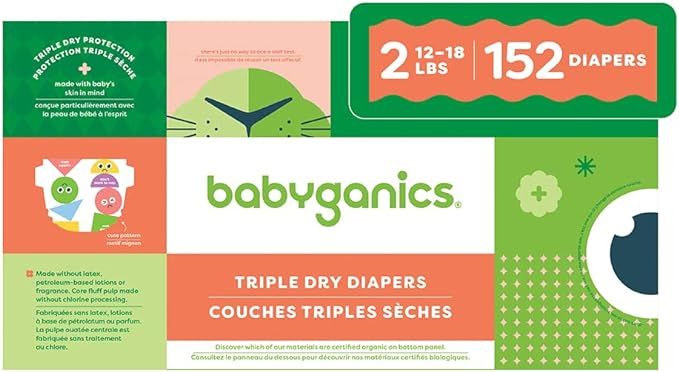 Babyganics Size 2, 152 count, Absorbent, Breathable, Triple Dry Protection Diapers | Amazon (US)
