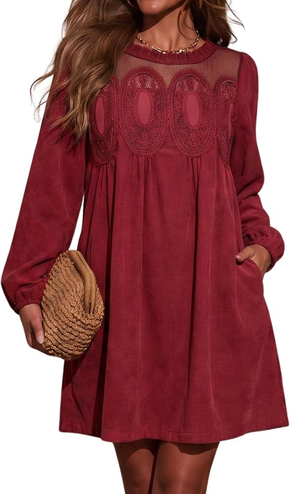 Women's Corduroy Babydoll Lace A Line Mini Dress with Pockets | Amazon (US)