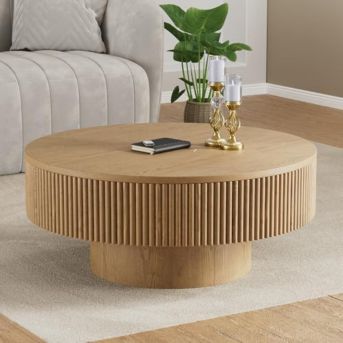 YOUDENOVA 31.5” Round Fluted Coffee Table, Modern Wood Circle Coffee Table, Veneer Handcrafted ... | Amazon (US)