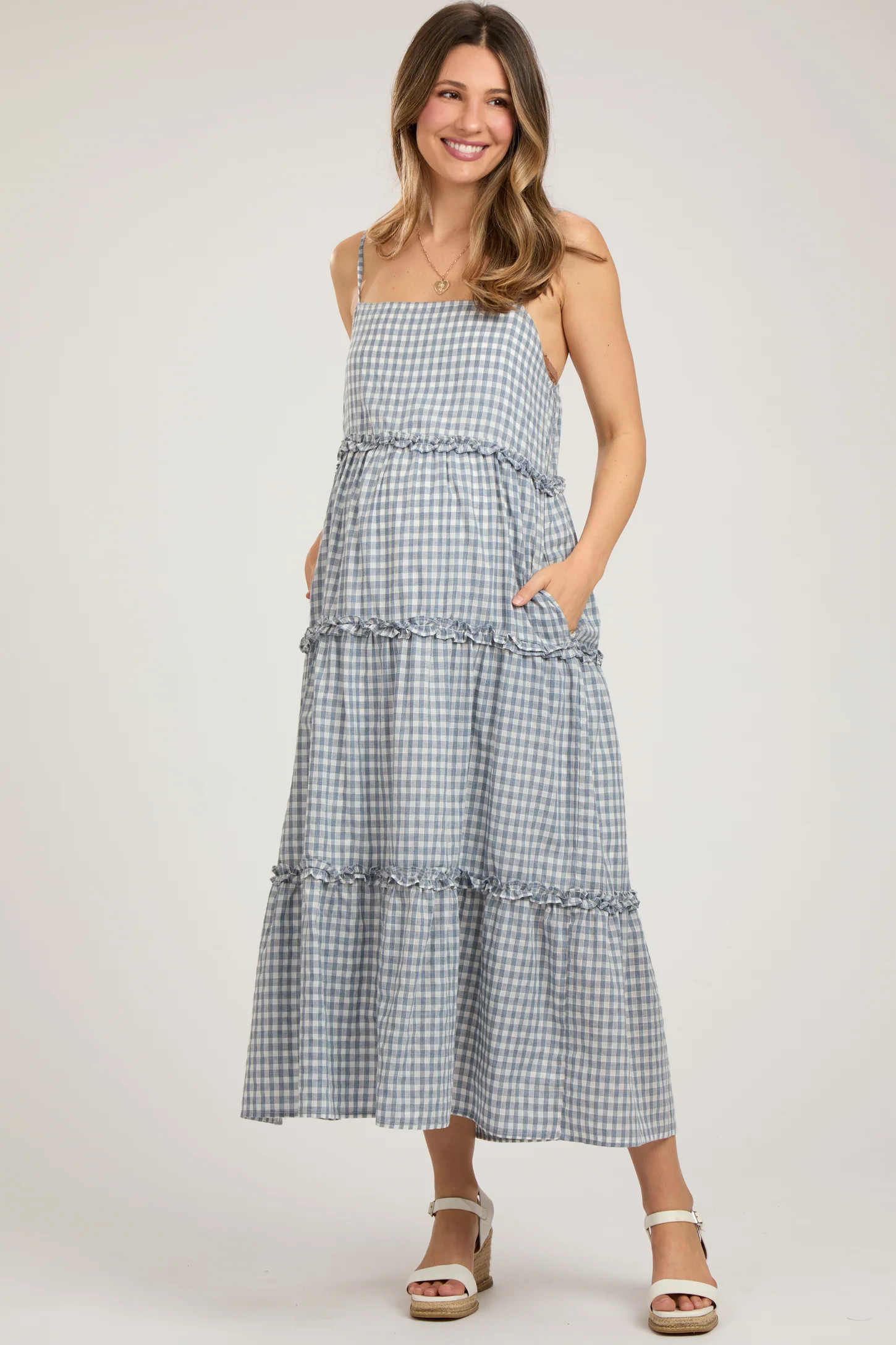 Blue Gingham Ruffle Tiered Maternity Midi Dress | PinkBlush Maternity