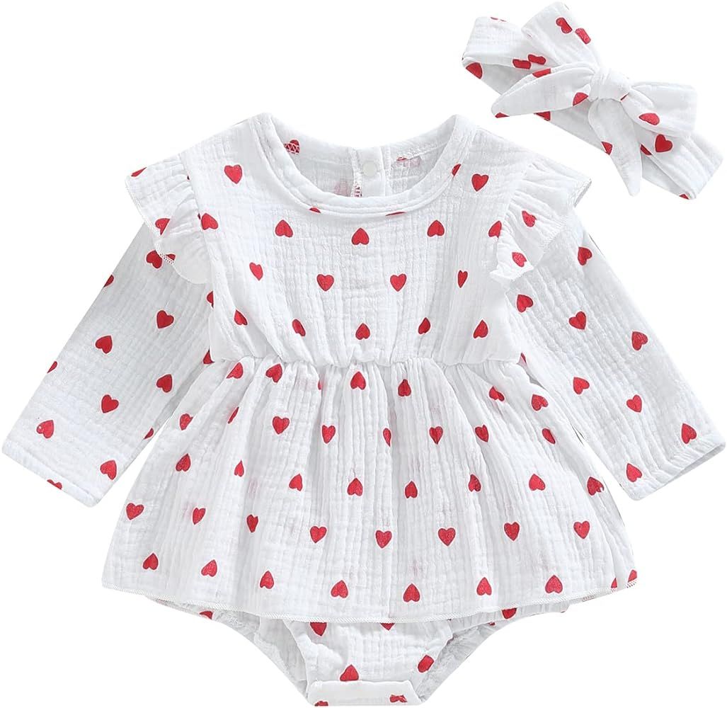 WASAIGOOD Newborn Baby Girls Cotton Linen Romper Dress Long Sleeve Heart Print Valentine's Day On... | Amazon (US)