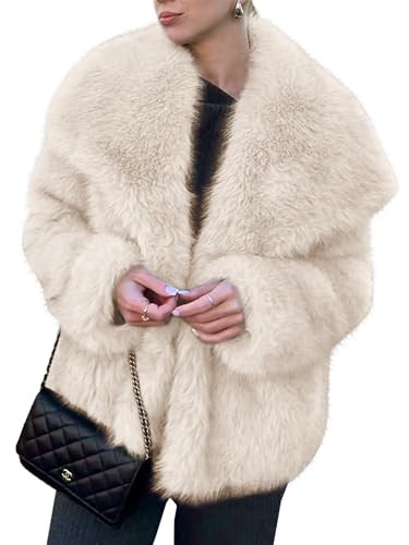 Simplee Womens Faux Fur Coat Long Sleeve Fluffy Lapel Shaggy Jacket Winter Casual Warm Fuzzy Short Outerwear(Apricot,Medium) | Amazon (US)