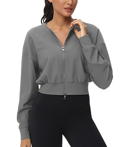 THE GYM PEOPLE Women's Cropped Jackets Full Zip Long Sleeve Ribbed Workout Sweatshirts Lightweight Casual Tops Grey | Amazon (US)