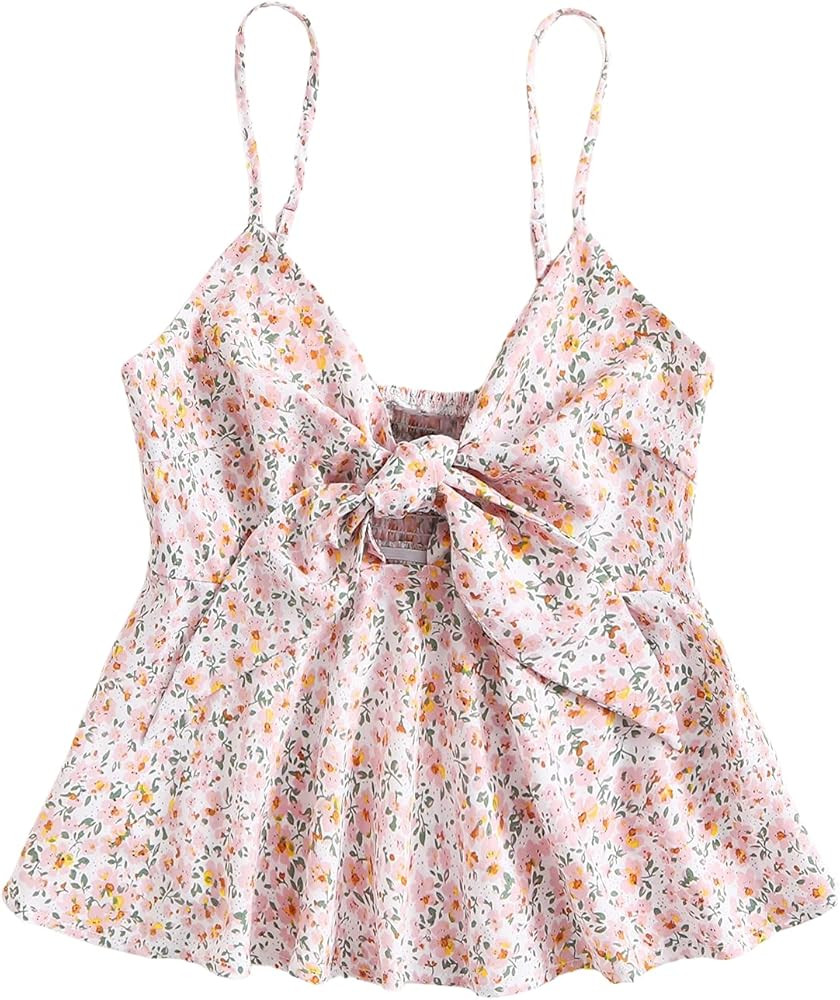 SheIn Women's Floral Smocked Peplum Crop Top Ruffle Boho Tie Front Sleeveless V Neck Shirred Cami | Amazon (US)