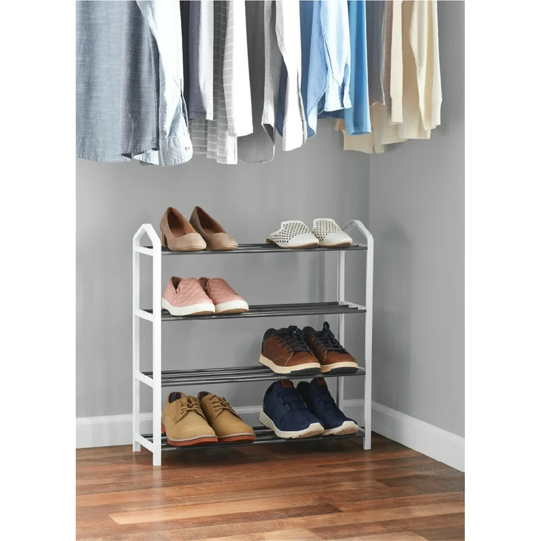 Mainstays 4 Tier Shoe Rack with White Plastic Frame, up to 12 Pair of Shoes - Walmart.com | Walmart (US)