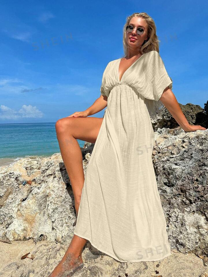 Solid Split Thigh Batwing Sleeve Cover Up Dress | SHEIN