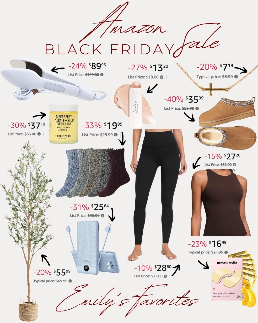 The Amazon Black Friday Sale is HERE and the deals are so good! I pulled together my top picks from Amazon that I use almost everyday — from these bestselling leggings that I work out in, the viral Nori iron/steamer that’s better than ironing, my girl’s and my cozy winter slippers, beauty must-haves that I use everyday, and even my favorite faux olive tree is on sale 🎁✨

Featuring major Black Friday markdowns on:
• Nori steamer (a Cyber Week bestseller!)
• Winter-ready boots + cozy slippers
• Viral leggings + tanks
• Soft wool socks for gifting
• Portable power bank (perfect stocking stuffer!)
• Hydrating face mask + eye masks
• Cross necklace + everyday jewelry favorites
• Olive tree home décor for holiday styling

Tap to shop these limited-time Black Friday deals, Cyber Monday rollovers, and Amazon holiday favorites while prices are at their lowest of the year! 🤍🛍️

#LTKselfcare #LTKSaleAlert #LTKCyberWeek
