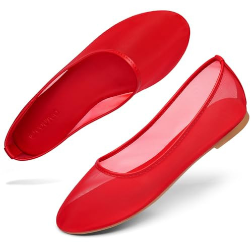 Coutgo Womens Mesh Ballet Flats Slip on Ballerina Flats Comfortable Casual Work Dress Shoes Red | Amazon (US)