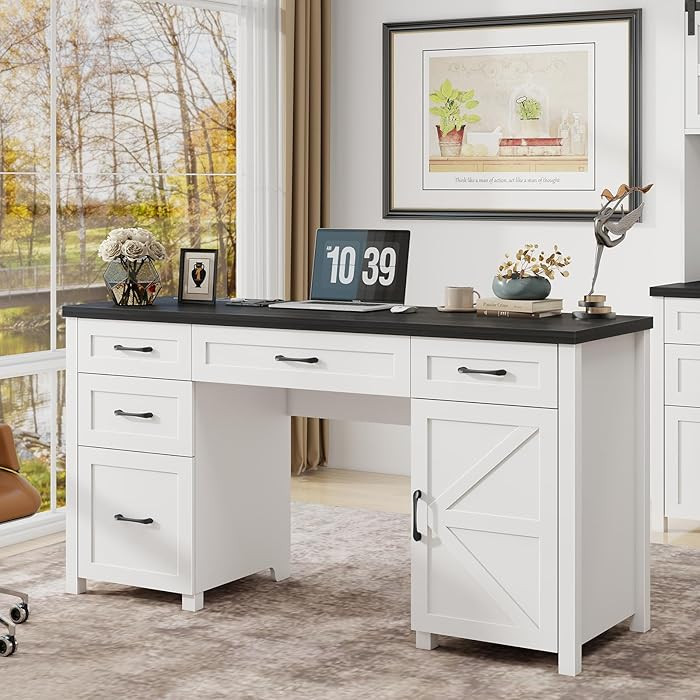 Farmhouse 61" Executive Desk with 5 Drawers,Rustic Office Computer Desk with Charging Station,Fil... | Amazon (US)