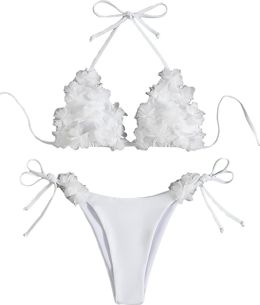 GORGLITTER Women's Appliques Triangle Bikini Set Halter Wireless Bra and Tie Side Thong Swimsuit ... | Amazon (US)