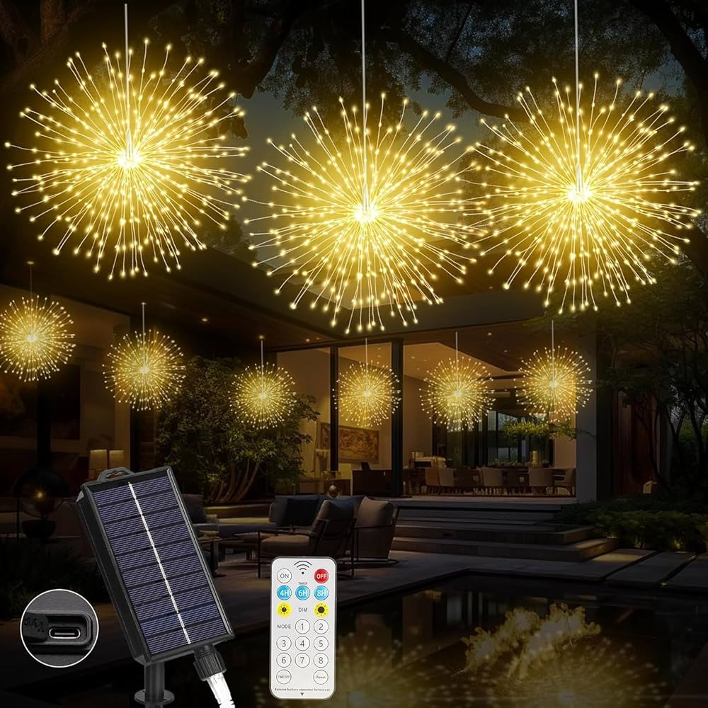 Solar Firework Lights Outdoor, 600 LED Starburst Light Outdoor with USB Rechargerable, 8 Modes Wa... | Amazon (US)