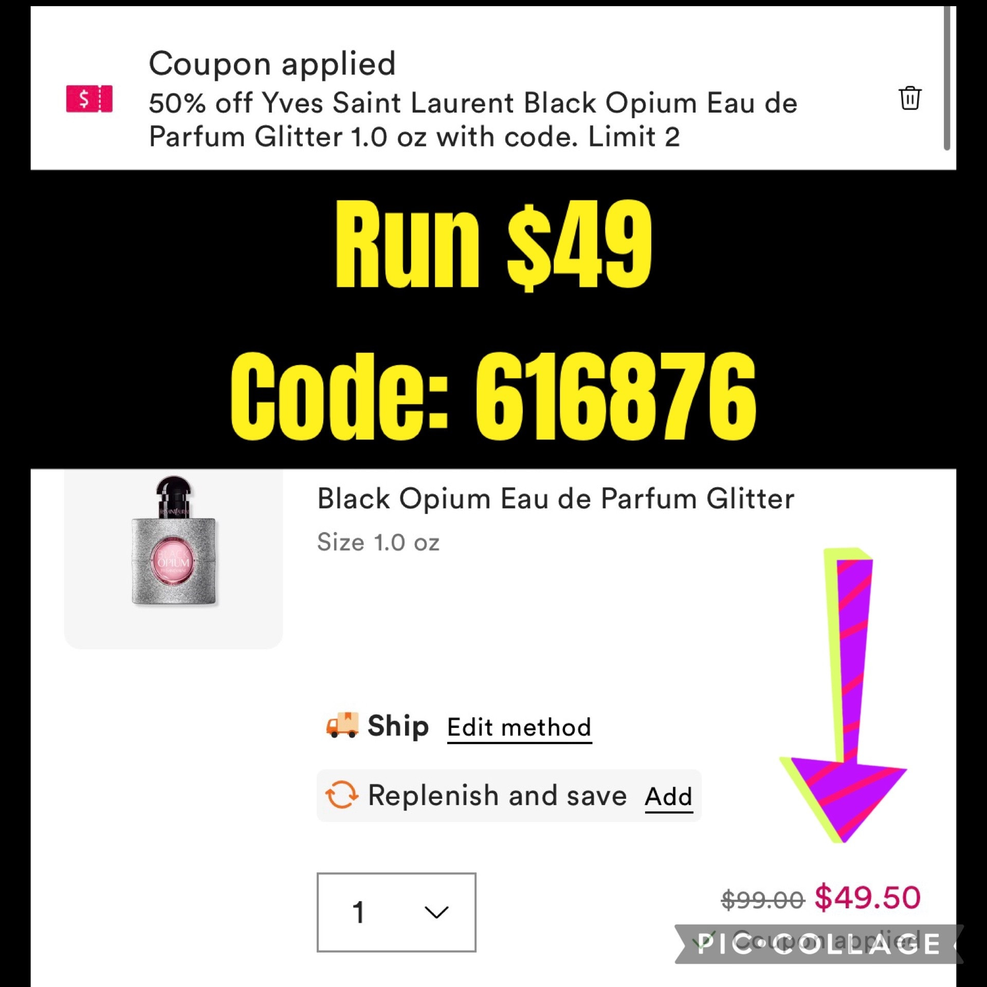 RUNN $49! 
Black Opium Eau de Parfum Glitter
2 Max per order  

Code: 616876



#LTKvlog #LTKSaleAlert