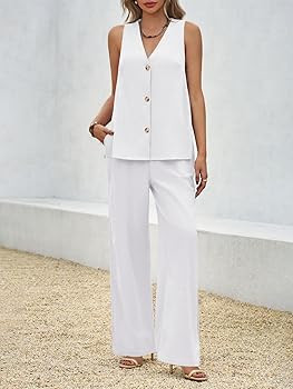 Tankaneo Womens 2 Piece Linen Sets Summer Outfits Sleeveless V Neck Botton Down Tank Tops and Pan... | Amazon (US)