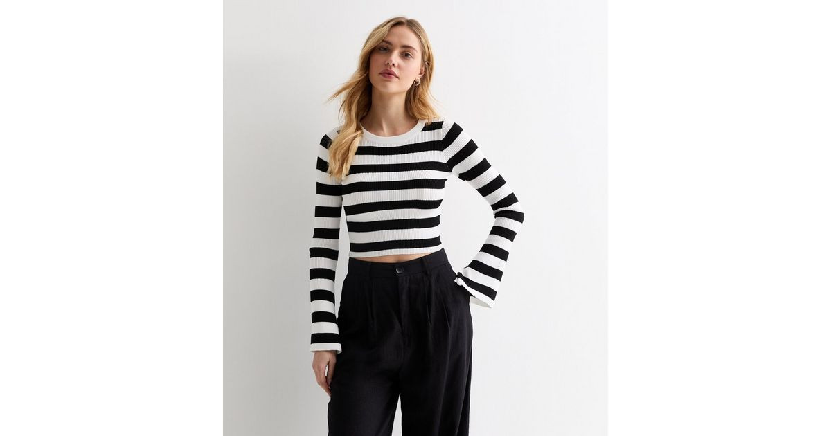 White Stripe Ribbed Knit Flared Sleeve Crop Jumper | New Look | New Look (UK)