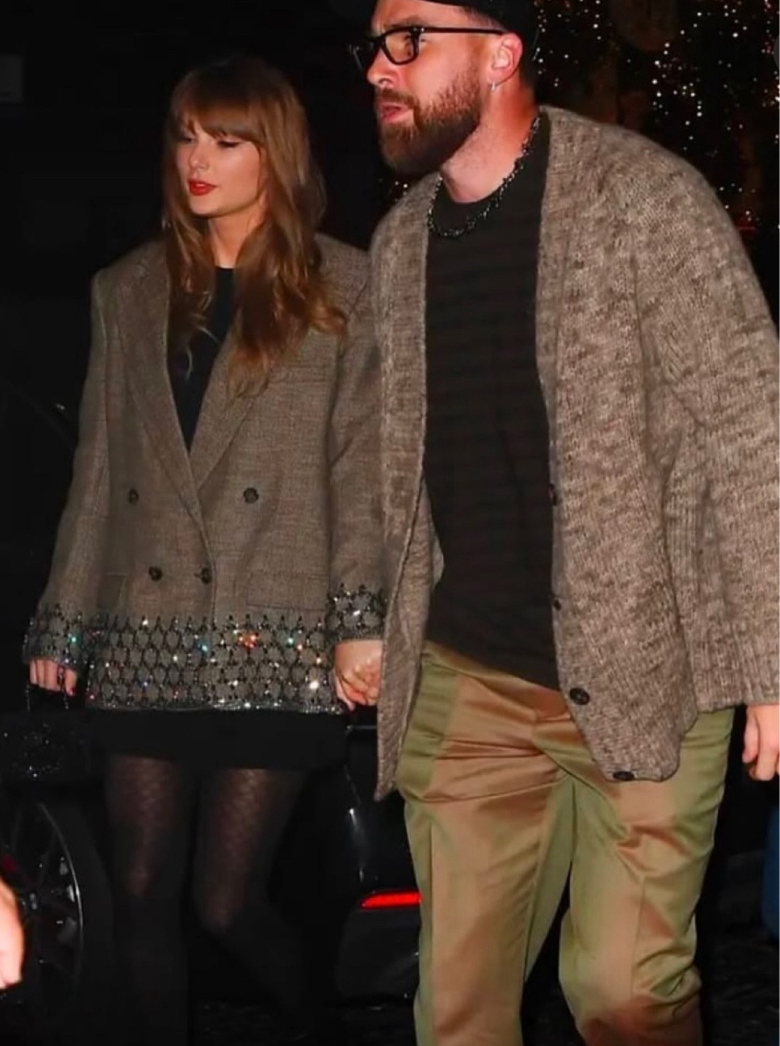 Taylor swifts bedazzled blazer and diamond pattern tights.

The blazer may be pricey, but at least the tights are affordable!

#LTKStyleTip #LTKFindsUnder50 #LTKSaleAlert
