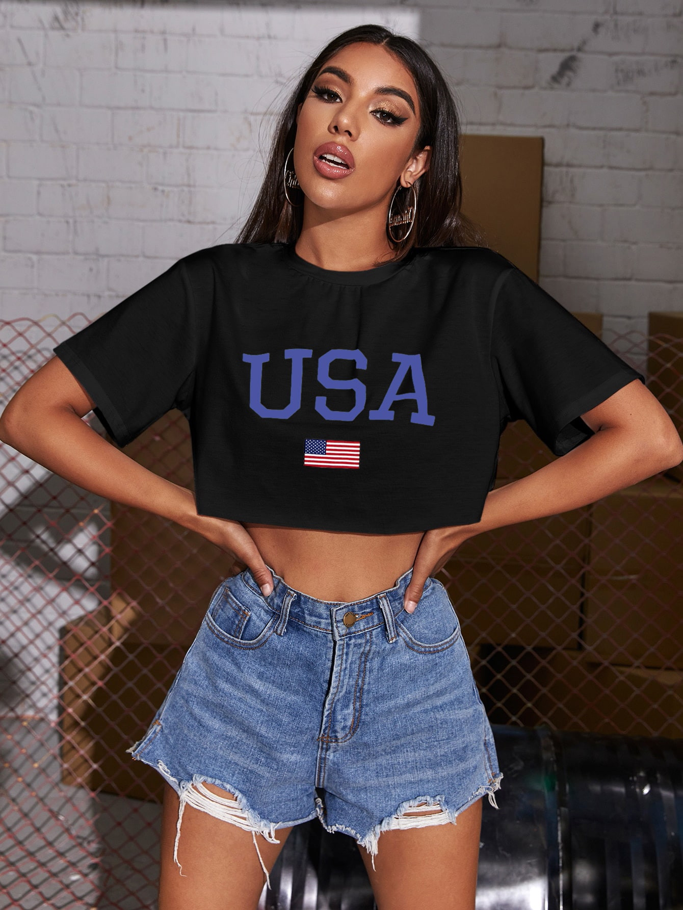 SHEIN EZwear American Flag & Letter Graphic Crop Tee | SHEIN