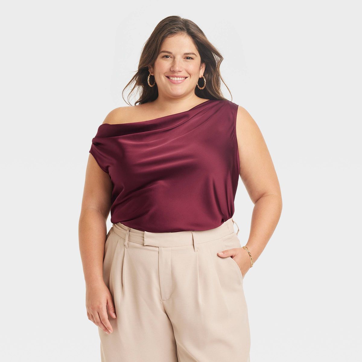 Women's Draped One Shoulder Tank Top - A New Day™ Burgundy 4X | Target