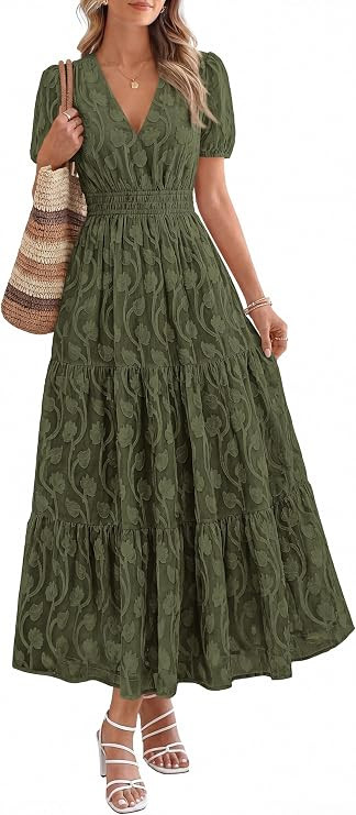 KIRUNDO Womens Boho Maxi Dress Summer Short Sleeve V Neck Floral Flowy A Line Formal Wedding Gues... | Amazon (US)