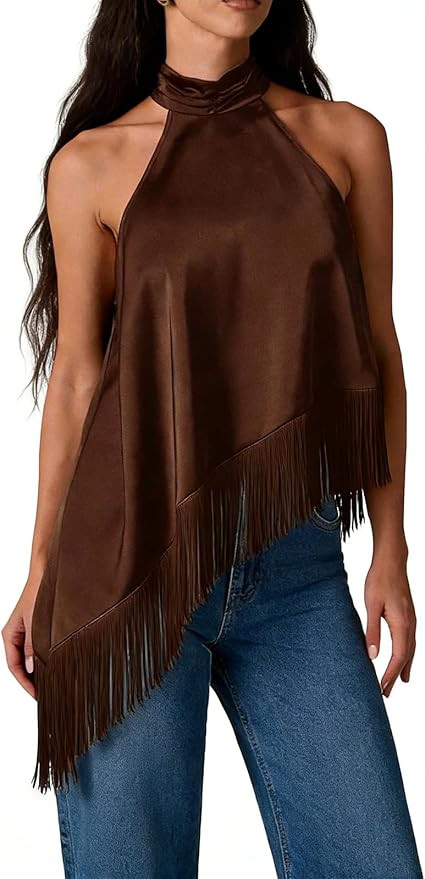 Women Satin Fringe Halter Top Sleeveless Mock Neck Asymmetrical Tassel Hem Cami Silk Y2k Going Ou... | Amazon (US)