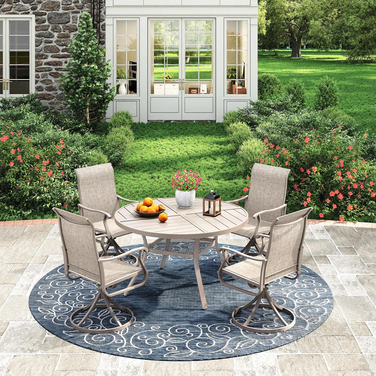 Outdoor Patio Dining Set - 41.7” Round Table with Umbrella Hole & Storage Shelf + 4 Swivel Chai... | Wayfair North America