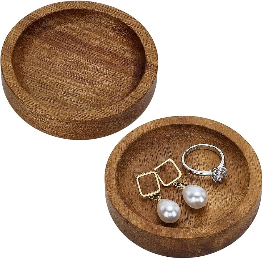 FINGERINSPIRE 2 PCS Acacia Wood Ring Trays 2.76inch Diameter Flat Round Wood Jewelry Plates Camel... | Amazon (US)
