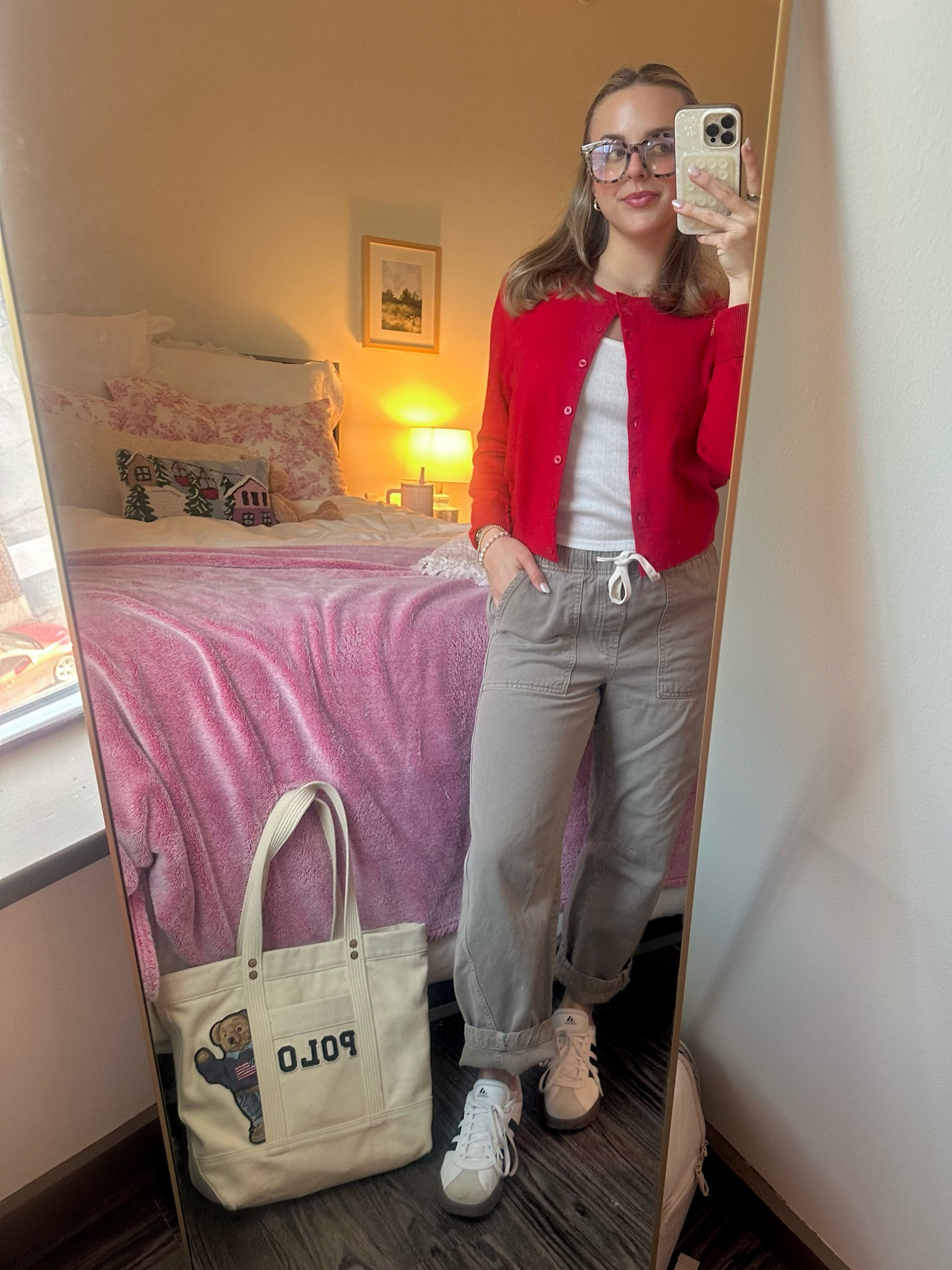 red is the only accent color you’ll ever need 🍒🍒 Target Red Cardigan, Gap Pull On Soft Barrel Pants, Polo Ralph Lauren Tote Bag, Adidas Sneakers, Amazon Blue Light Glasses 

#LTKstyletip #LTKworkwear #LTKSeasonal