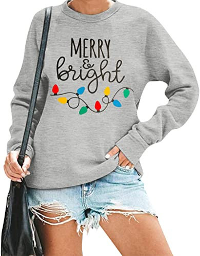 Merry And Bright Sweatshirt Women Merry Christmas Pullover Xmas Lights Blouse Top Casual Bleached Letter Printed Shirt Grey | Amazon (US)
