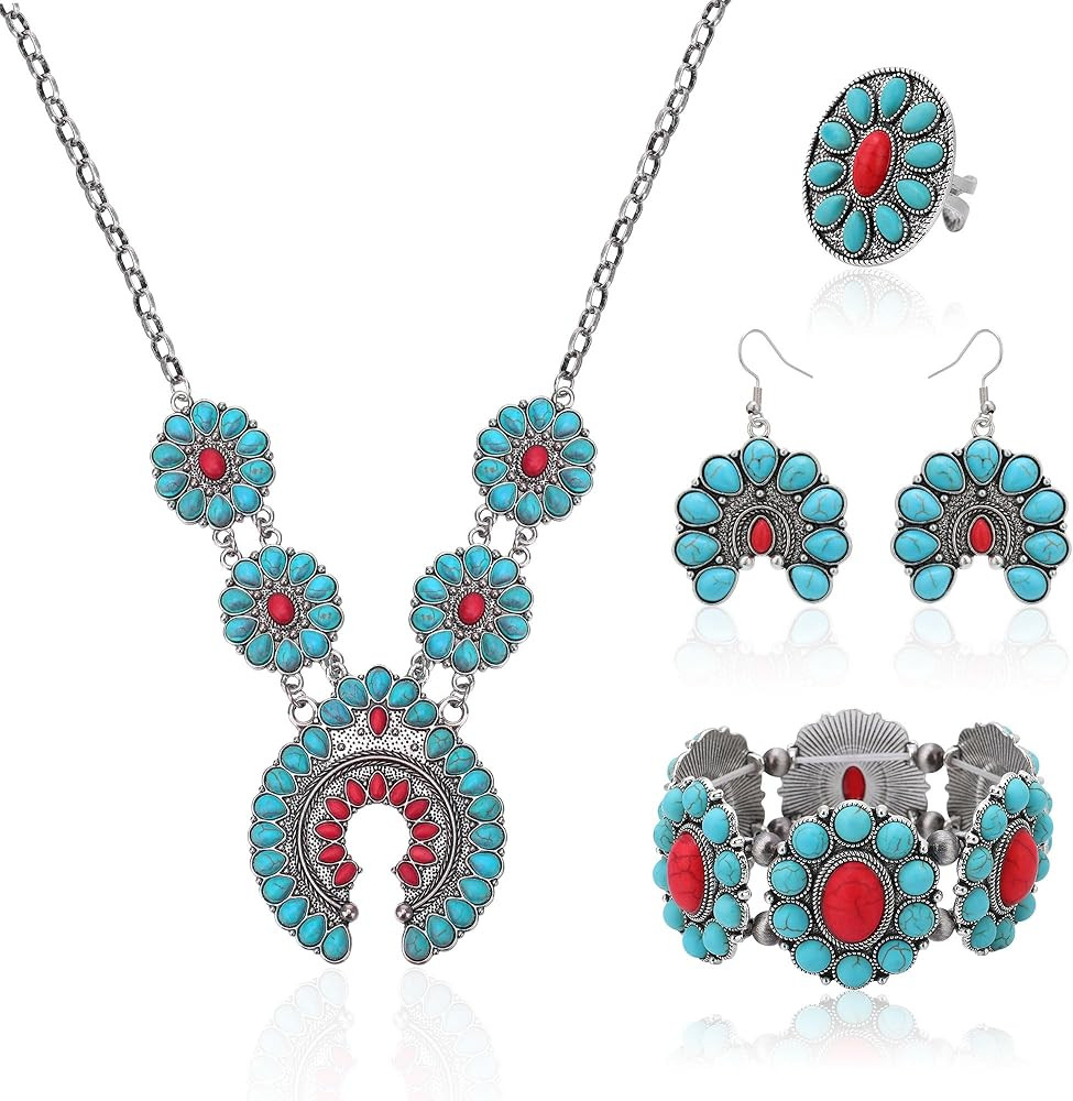 4 PCS Western Turquoise Jewelry for Women Boho Vintage Navajo Pearl Necklace Earring Bracelet Rin... | Amazon (US)