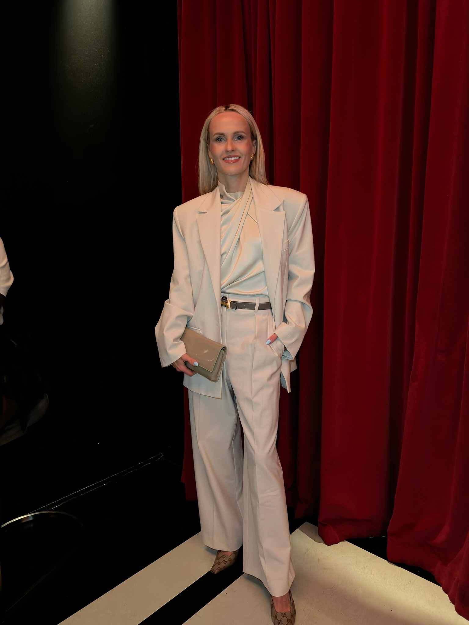 Vogue Club event outfit!!
Monochromatic suit styling in neutral attire, classic silhouette suit best stable wardrobe investment piece for any type of occasion. 

Vintage find earrings, Mango ecru suit blazer and trousers, h&m ecru blouse, Hermés reversible constance leather belt, Mango patent clutch bag, Gucci slingback logo jacquard shoes.

#LTKstyletip #LTKeurope #LTKspring