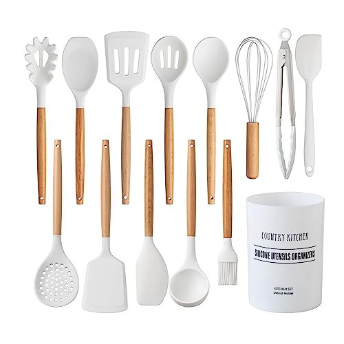 Country Kitchen Non Stick Silicone Utensil Set with Rounded Wood Handles for Cooking and Baking, 14 Piece Set, White | Amazon (US)